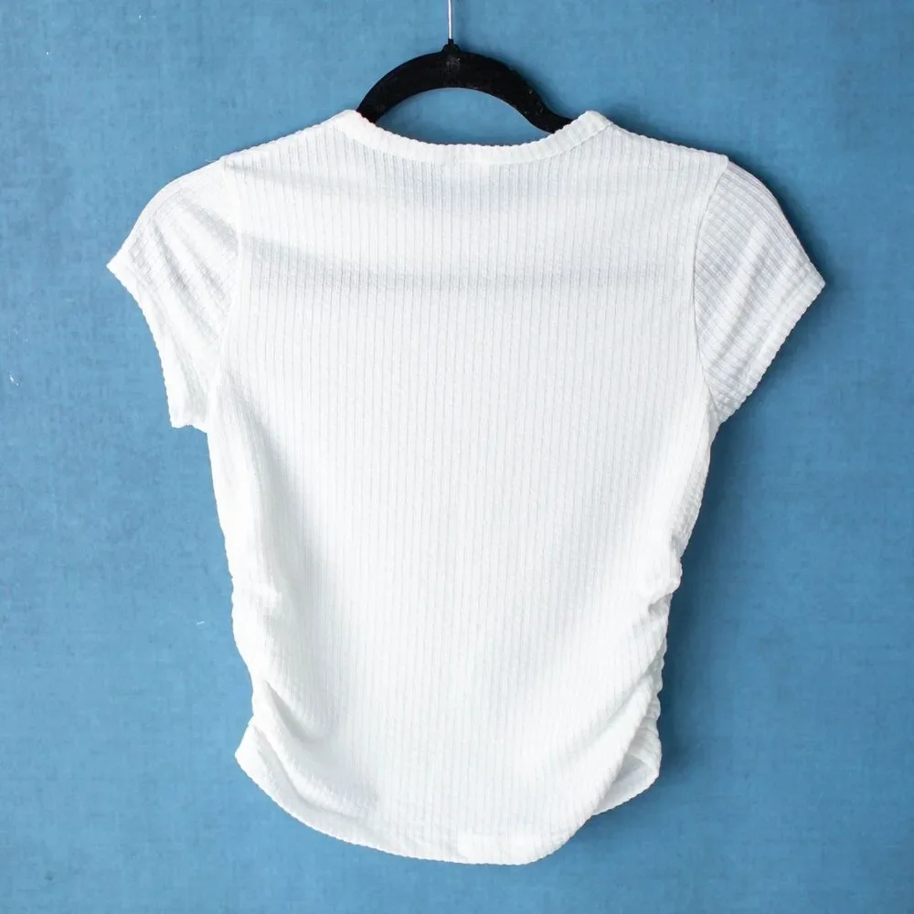 NEW Abercrombie Kids Girls 13/14 White Ribbed Ruched Side Short Sleeve Top